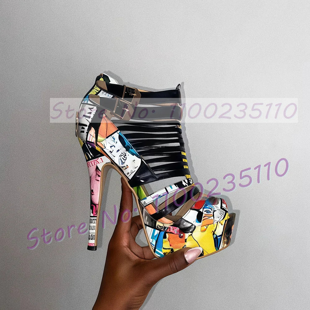 Colorful Graffiti Black Strappy Platform Sandals Women Sexy Cross Tied Double Buckle Straps Shoes Open Toe Trendy Caged Sandals