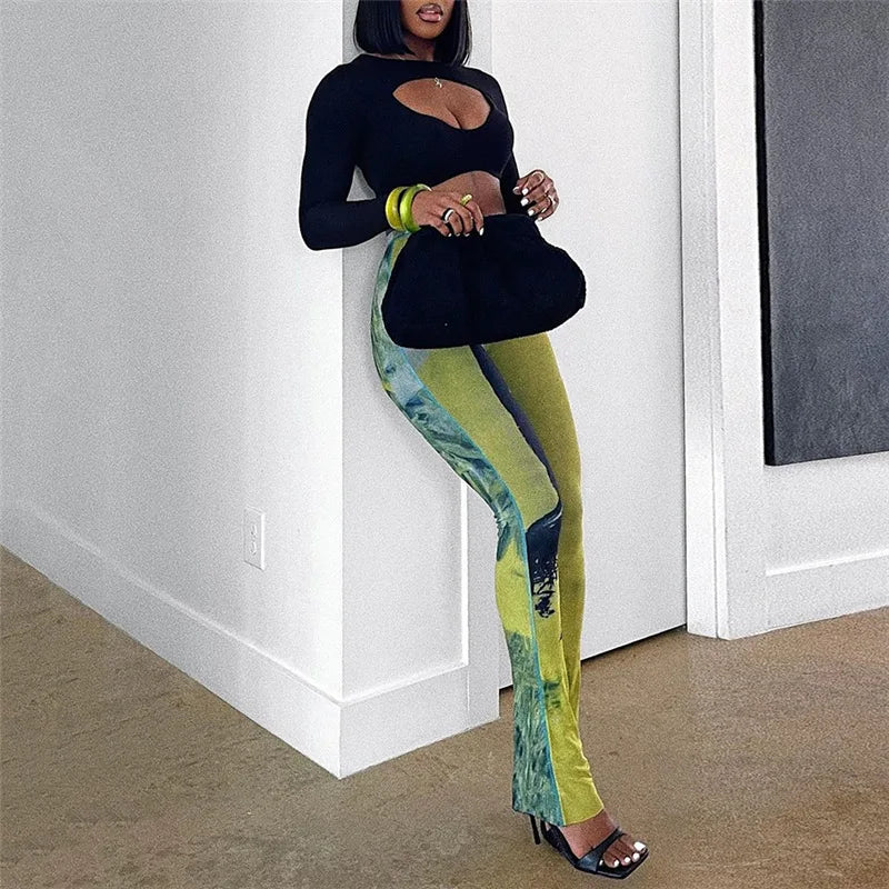 FAGADOER Y2k Sexy Tie Dye Printting Woman 2 Piece Set Outfit Halter Bandage Patchwork Crop Top and Flare Pants Female Streetwear
