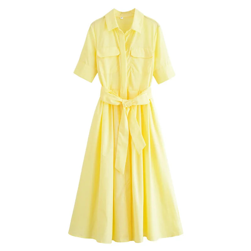 Lapel Casual Pockets Short Sleeve Shirt Dress for Women