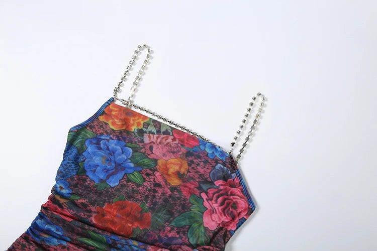 Floral Print Rhinestone Chain Low Neck Backless Mini Dress for Women