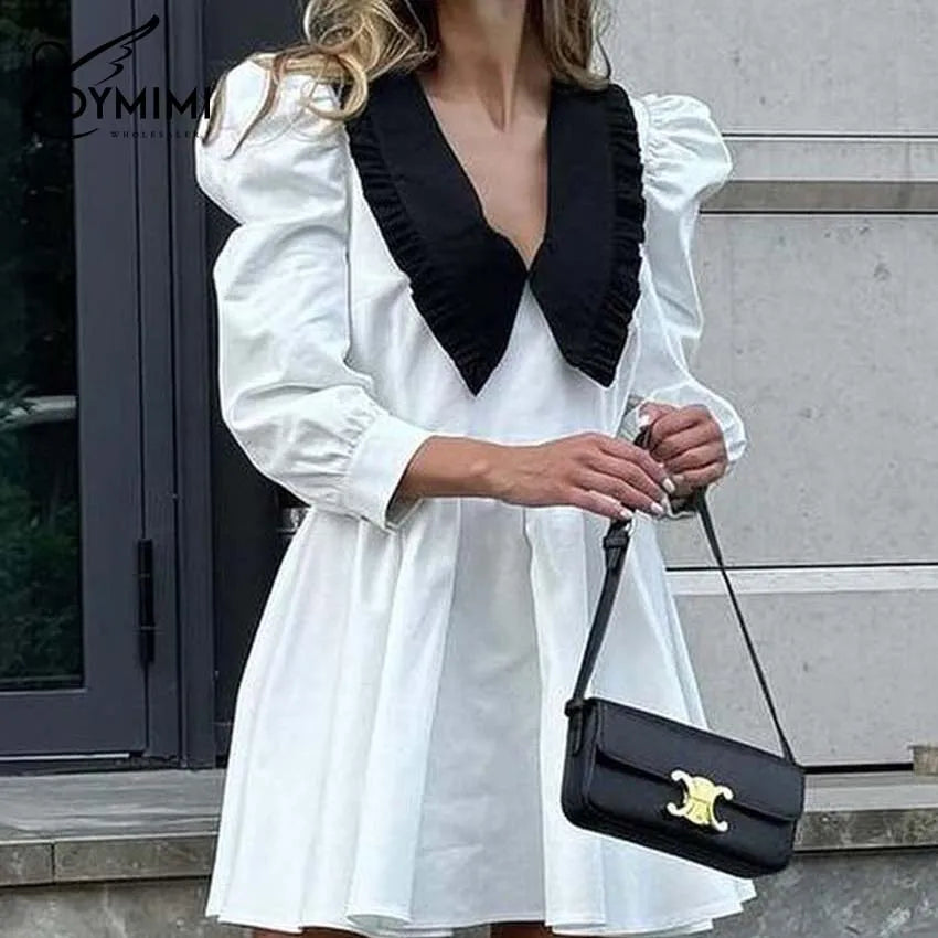 Oymimi Elegant Black Patchwork Women's Dress Casual Peter Pan Collar Three Quarter Sleeve Dresses Fashion Pleated Mini Dresses