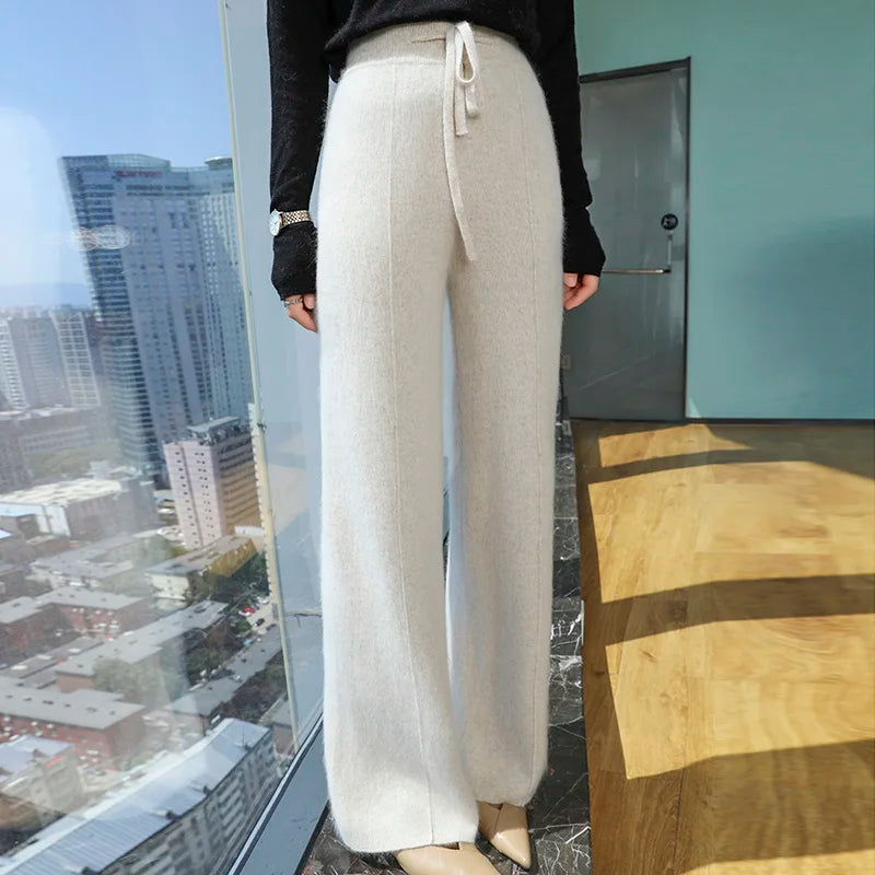 Elastic Waist Wide-Leg Knitted Cashmere Trousers for Women