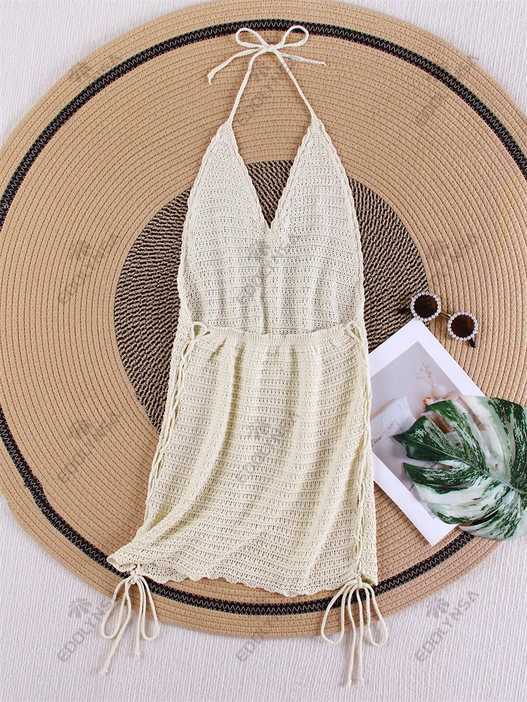 Solid Knit Halter V-neck Side Cross Straps Slim Beach Mini Dress 2025 Women Crochet Beach Swimsuit Cover Up Vacation Outfit K104
