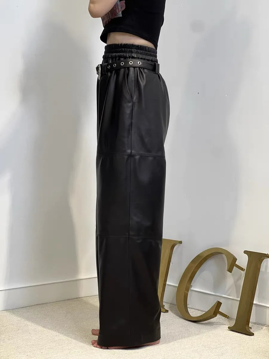 Y2K Cargo Pants Women High Waist Baggy Pants 2025 New Korean Fashion Wide Leg Genuine Leather Trousers Streetwear Loose Style