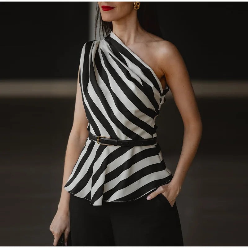 One Shoulder Striped Pleated Top With Backless Cut for Women