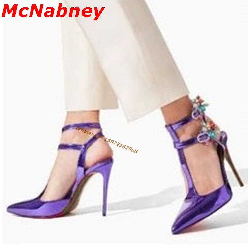 Purple Patent Pointy Toe T Strap Stiletto Pump With Ankle Buckle For Women