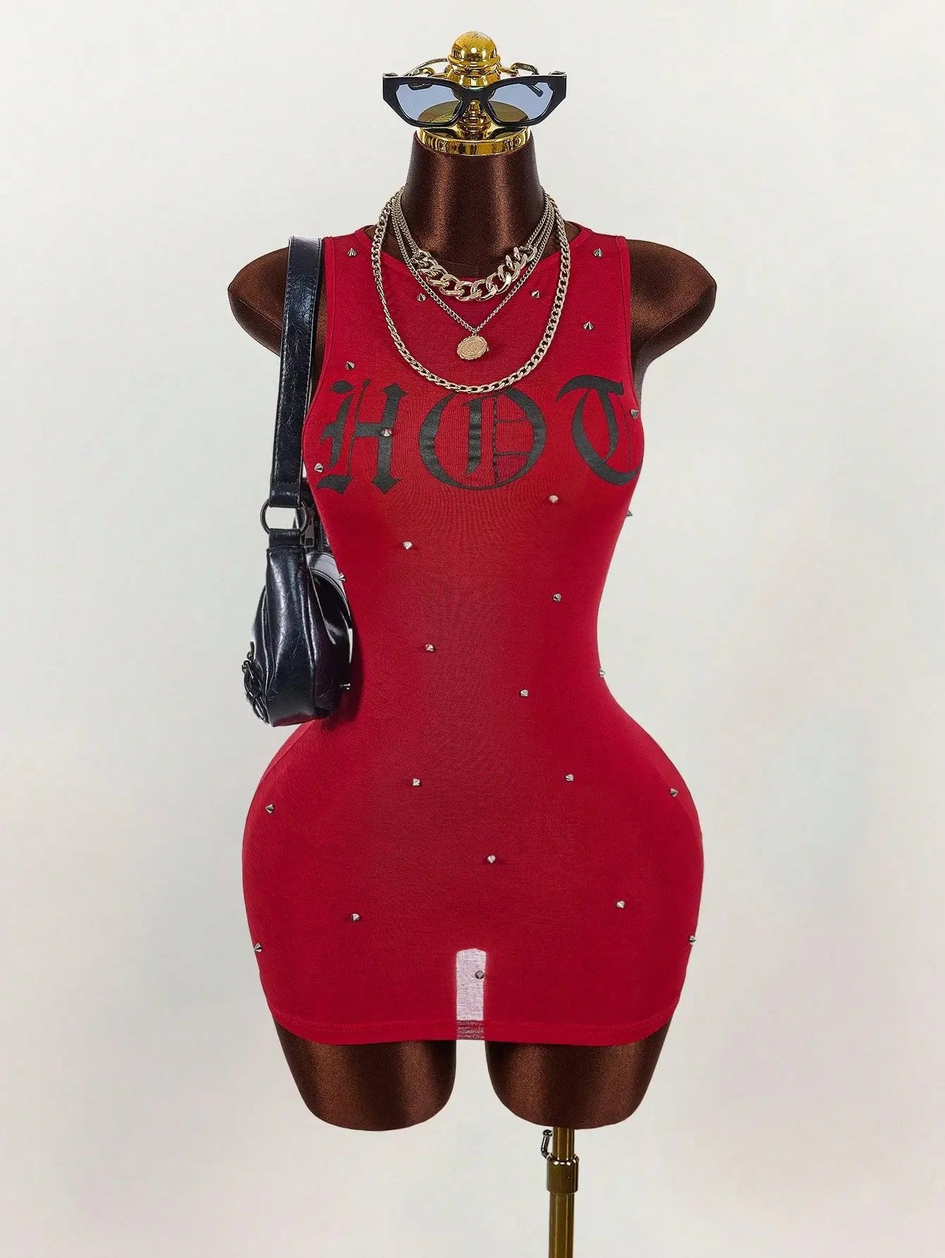 Letter Print Sleeveless Rivet Bodycon Mini Dress for Women