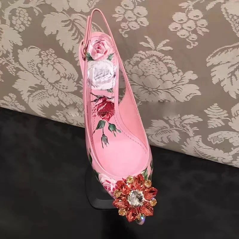 Elegant Pink Floral Rhinestone Slingback Wedding High Heels Pumps for Women