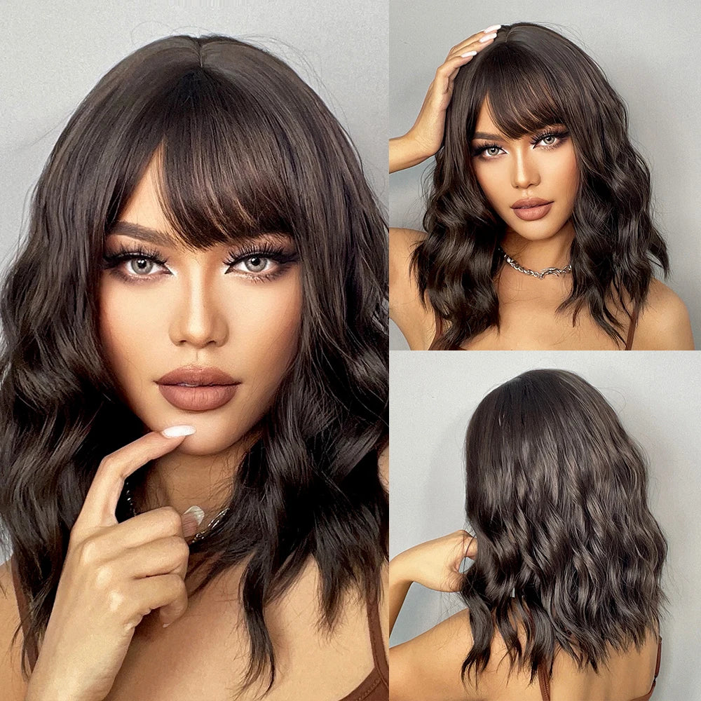 Heat Resistant Short Wavy Bob Wig With Bangs for Women