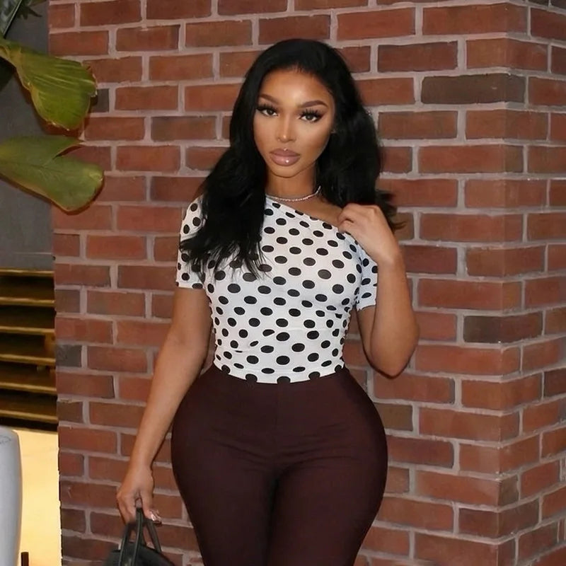 Off Shoulder Polka Dot Mesh See Through Two Piece Set for Women