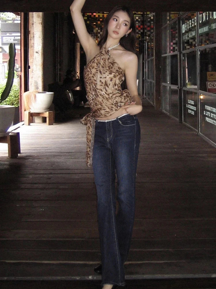Backless Lace-Up Leopard Halter Top