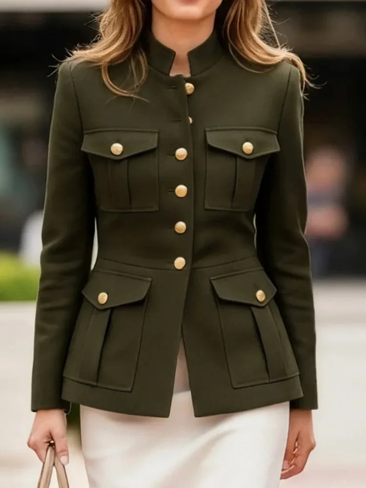 Women's Fashion Solid Color Multiple Pocket Stand Collar Jackets Long Sleeves Buttoned Urban Casual Office Blazer Coats