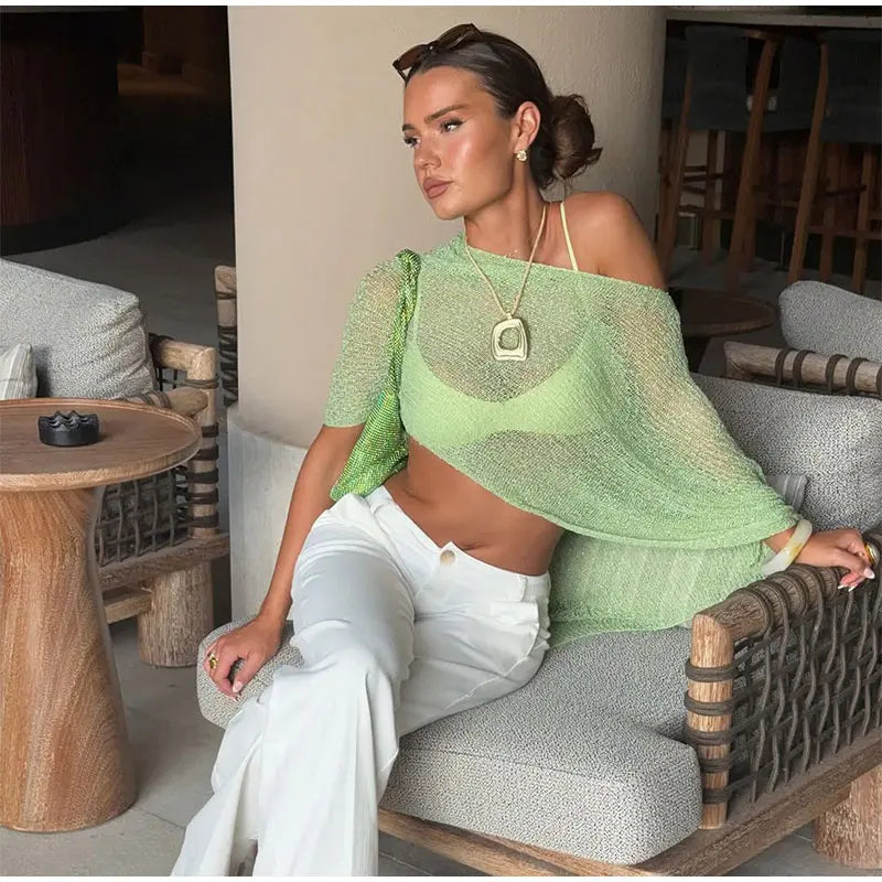 Sheer Knit O Neck Asymmetrical Loose Blouse for Women