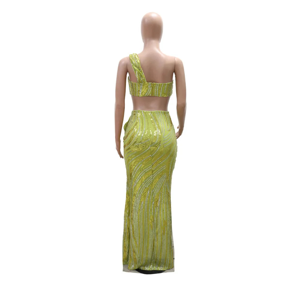 CM.YAYA Women’s Dress Set Mesh Sequined Ribbon Sleeveless Strap Top + Long Skirts Sets 2 Two Pcs Sets Sexy Party Evening Oufits