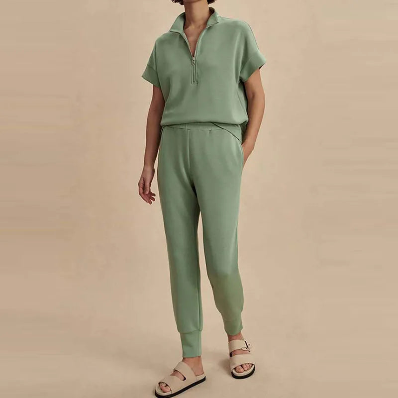 Casual Suit Fashion Zipper Loose Commuting Outfit Elegant Solid High Waist Set Summer Lady Stand Collar Short Sleeve Top + Pants
