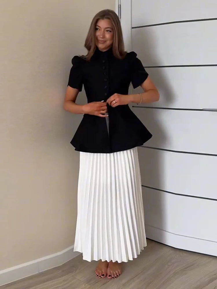Chic Two Piece Blazer and Pleated Skirt Set for Women