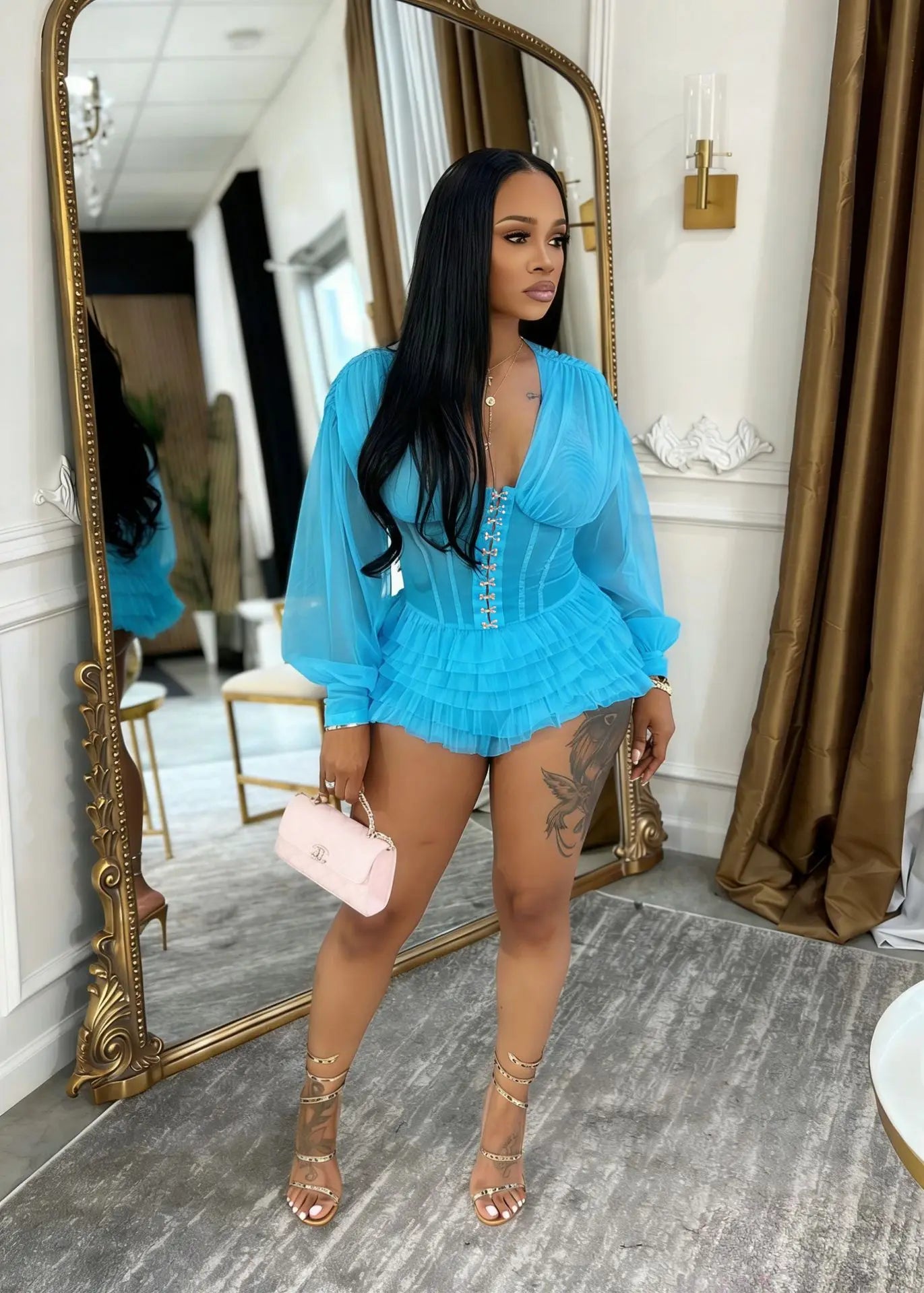 Mesh Ruched Patchwork See Through Long Sleeve Bodycon Rompers for Women
