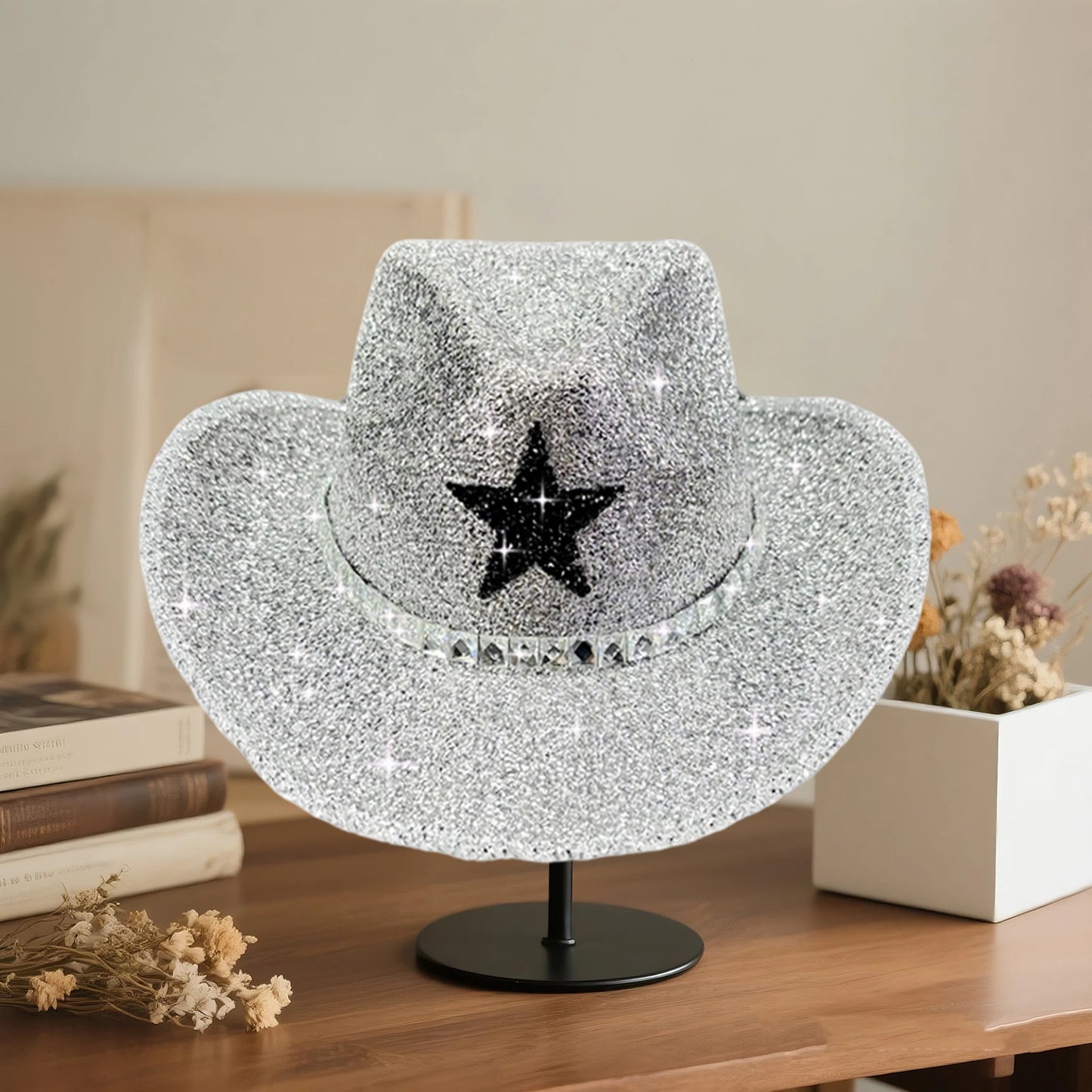 Glitter Rhinestone Western Wide Brim Cowgirl Hat for Women