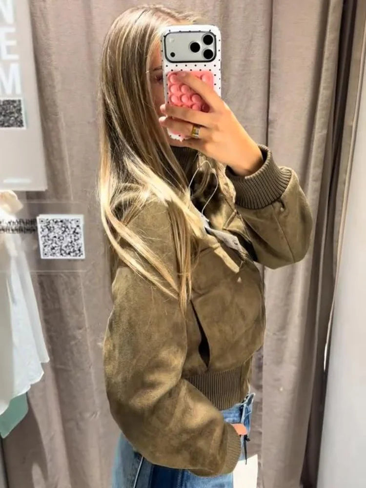 Vintage Suede Long Sleeve Jacket with Pockets for Women