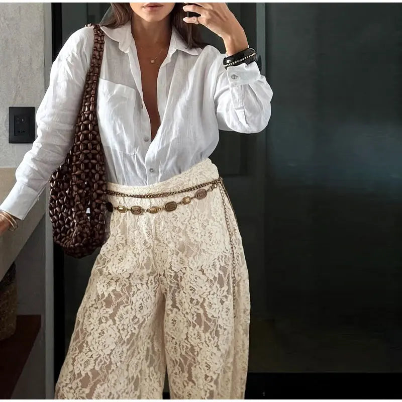 Bohemian Lace Trim Elastic Waist Lounge Pants for Women