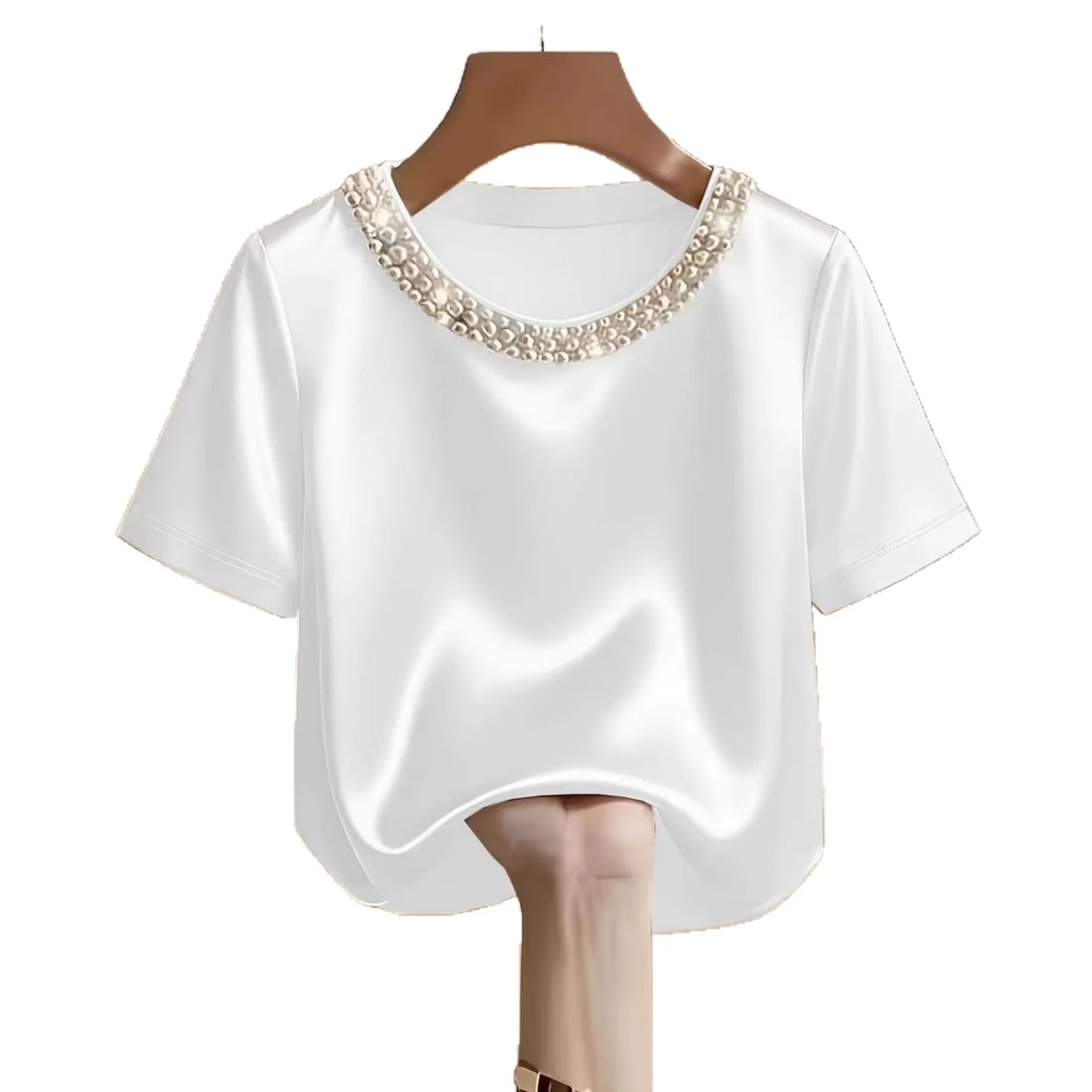 Satin Round Neck Pearl Beaded Decor Short Sleeve Top for Women