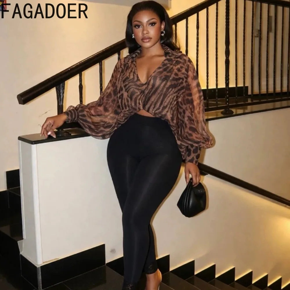 Leopard Print V Neck Batwing Sleeve Blouse for Women