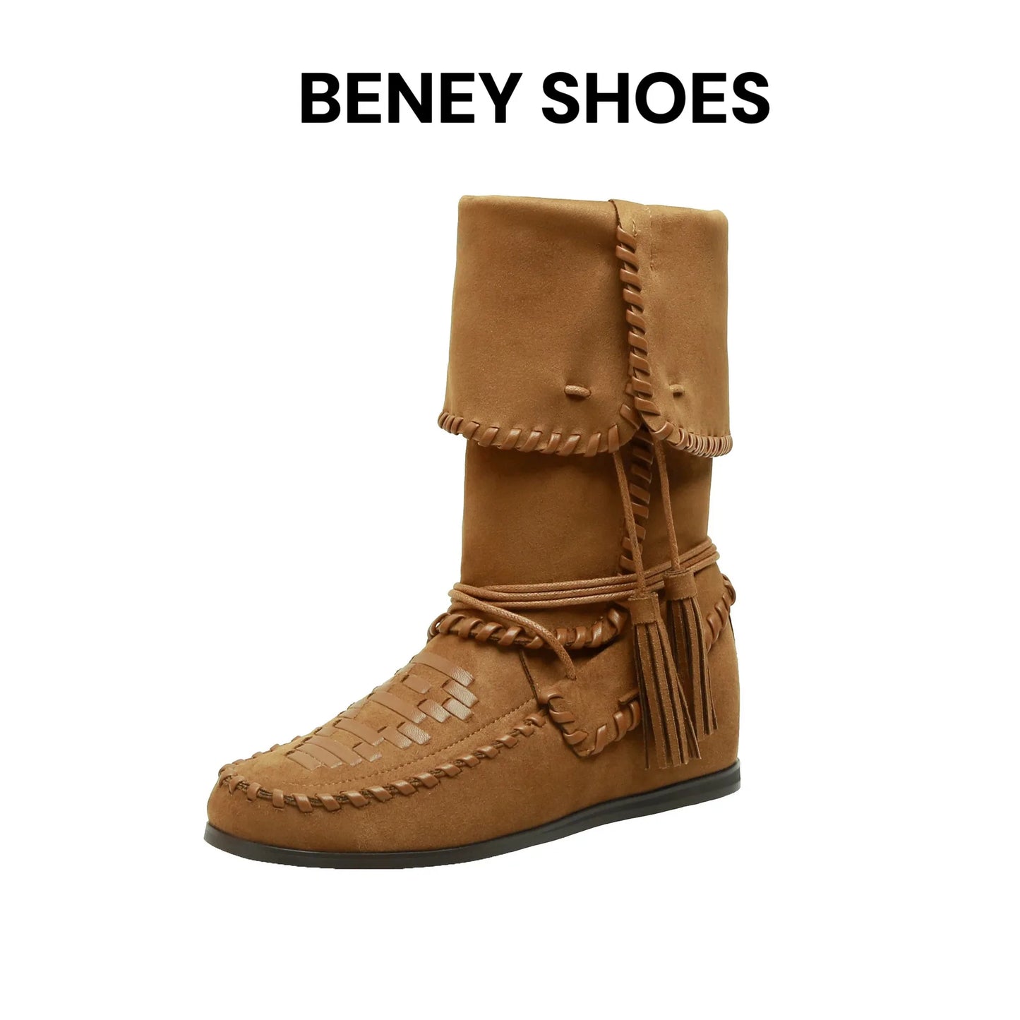 Fringe Woven Suede Mid Calf Boots With Fold Over Cuff For Women