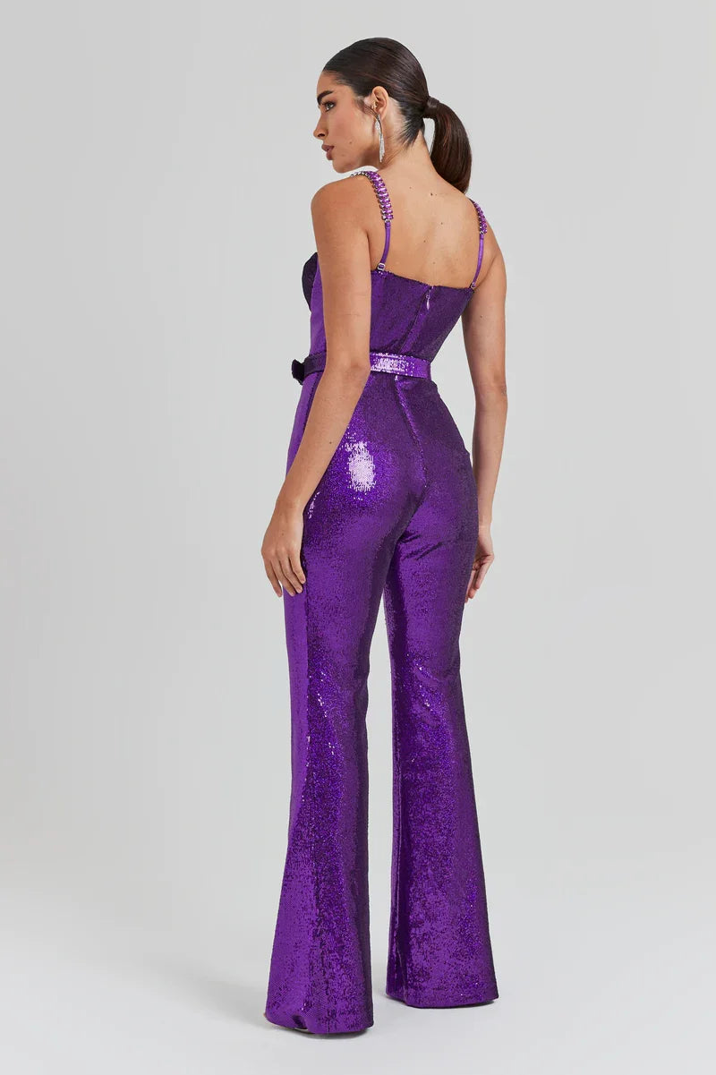 Gold Sequin Design Sleeveless Jumpsuit With Belt for Women