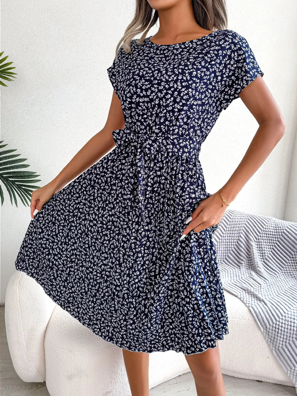 Chic Casual Pleated Short Sleeve Midi Dress for Women