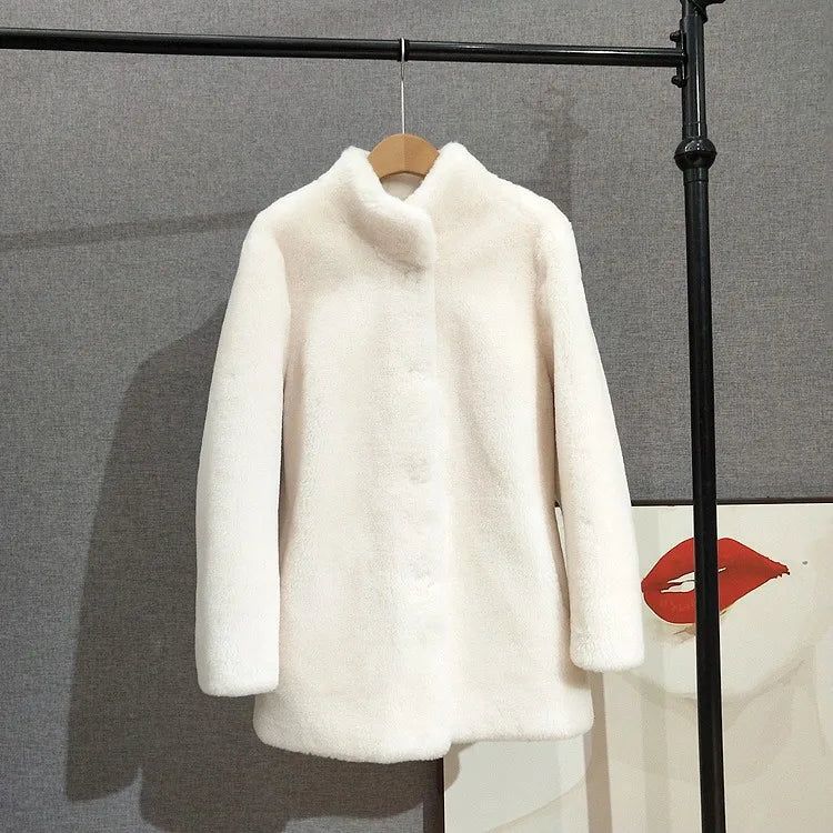 Mid Length Stand Collar Shearling Coat