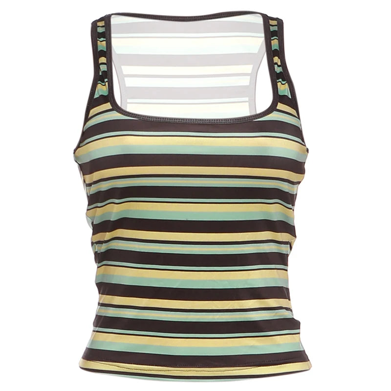 Striped Patchwork Stretch Backless Tank Top for Women