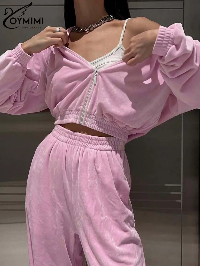 Oymimi Casual New Pinlk Knitting Sets Womens 2 Piece Elegant Long Sleeve Zipper Blouses And Simple Straight Trousers Female Sets