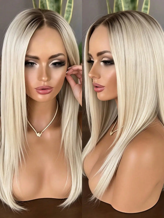 Ombre Rooted Long Straight Glueless Lace Front Human Hair Wig for Women