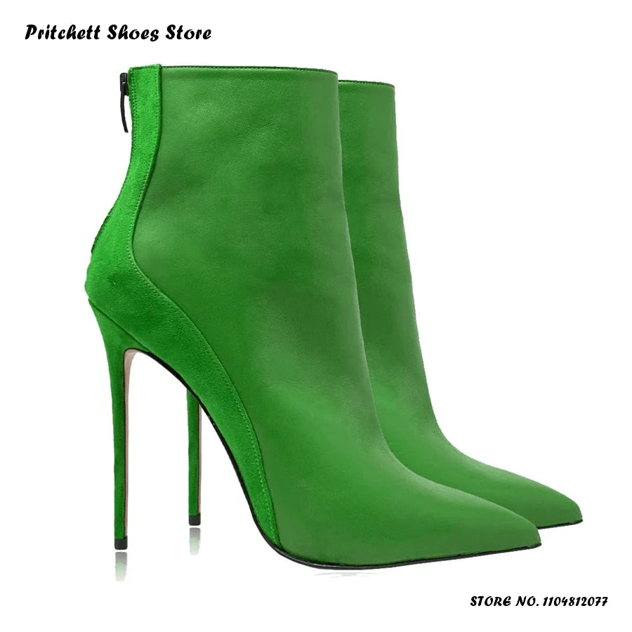 Elegant Pointed Toe Patchwork Ankle Boots With Back Zipper For Women