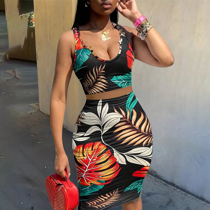 Print Slim Sleeveless Cropped Top Midi Two-Piece Set for Women