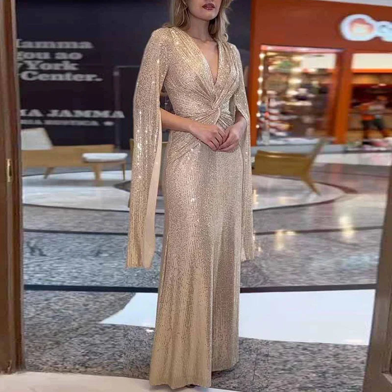 Elegant Sequin V Neck Long Sleeve Floor Length Maxi Dress for Women