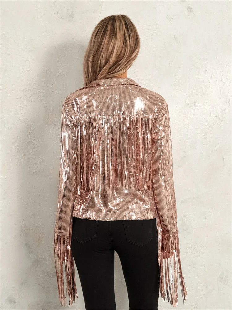Glam Eighties Inspired Sequin Tassel Lapel Open Front Jacket for Women