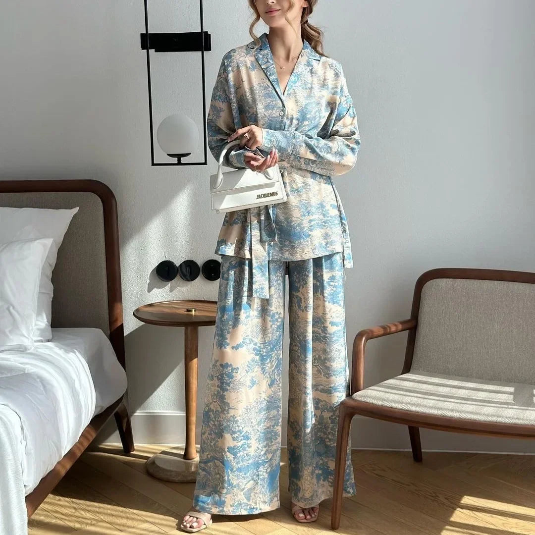 Elegant Print Two Piece Set With Long Sleeve Shirt And Wide Leg Pants for Women
