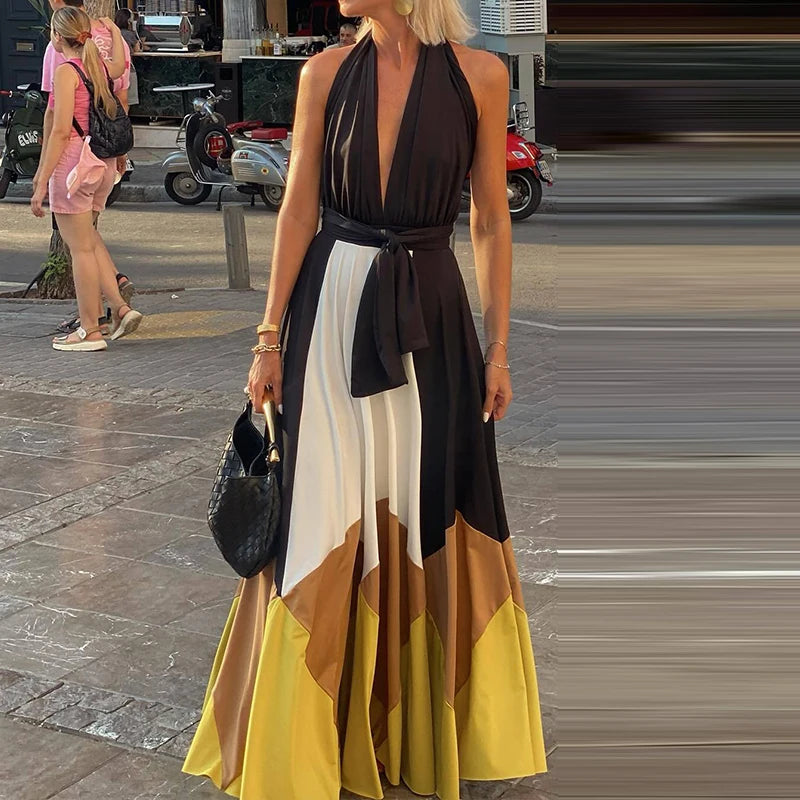 Bohemian Patchwork Backless Halter Dress for Women