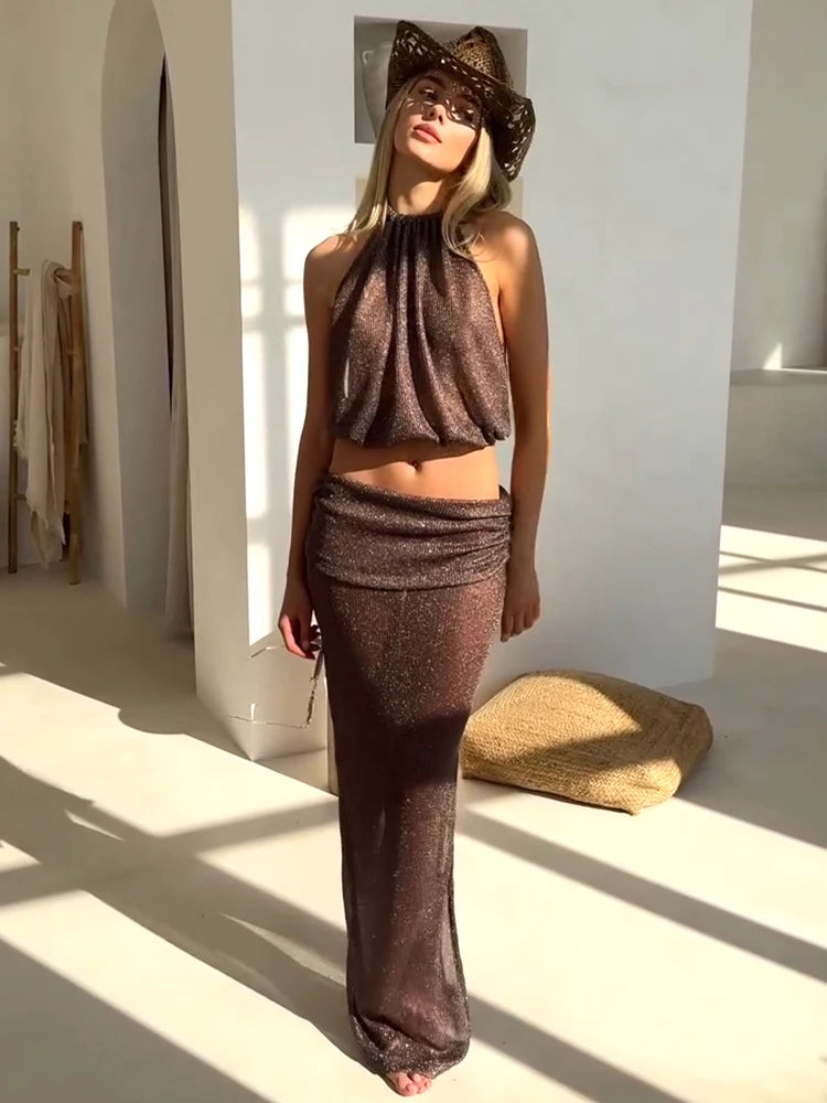 Sexy Knit Sets See-through Backless Lace-up Top Beach Half Skirt Two-piece Swimsuit Cover Up 2025 Summer Women Party Outfit K167