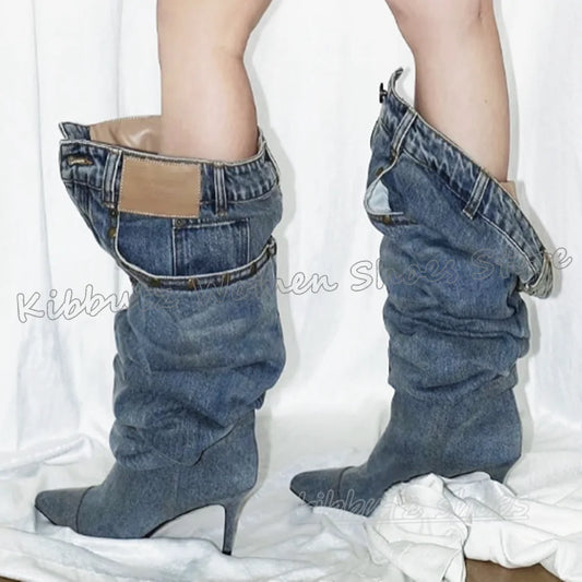 Pocket Over The Knee Boots Denim Cloth Slip-On Bottom Solid Color Novelty Fashion Concise Sexy Hot Girls Shoes Pointy Thin Heels