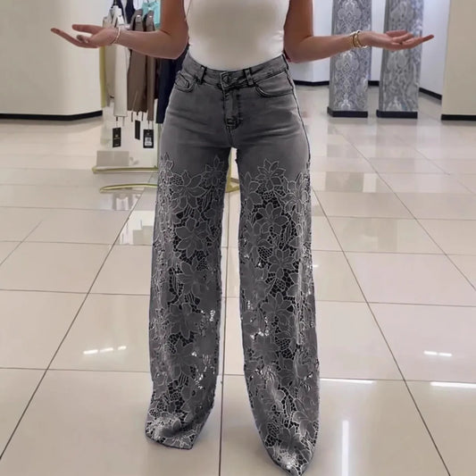 Women's Spring Summer Fashion Hollow Out Lace Splicing Denim Drape Pants Full Length Trousers