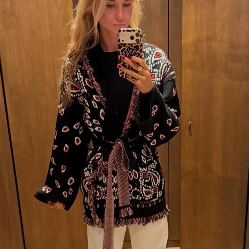 Loose Jacquard Patchwork V-Neck Cardigan With Tassels For Women