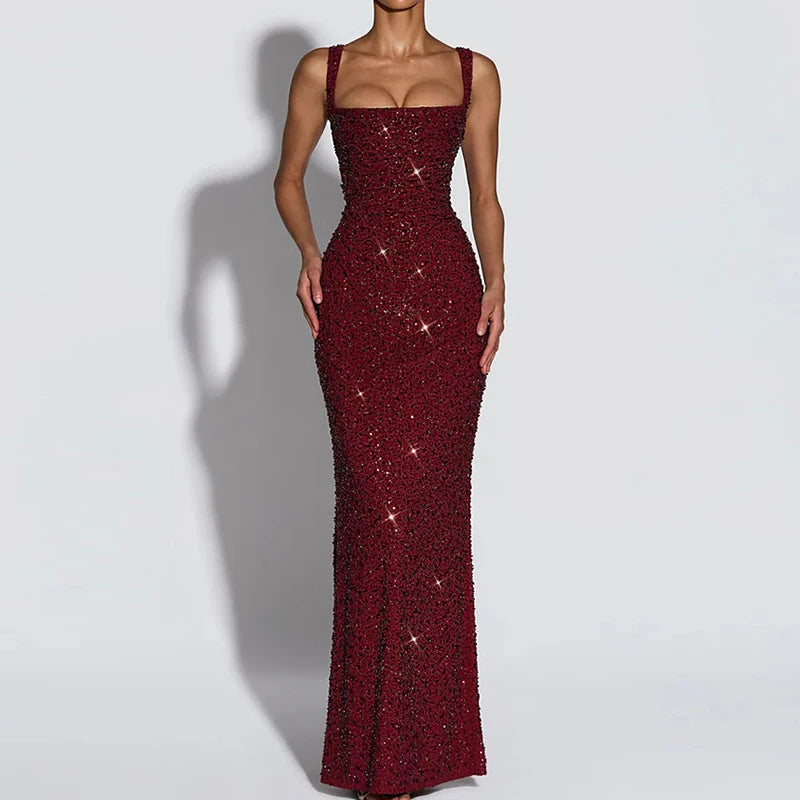Elegant Sequined Backless Sleeveless Maxi Party Dress for Women