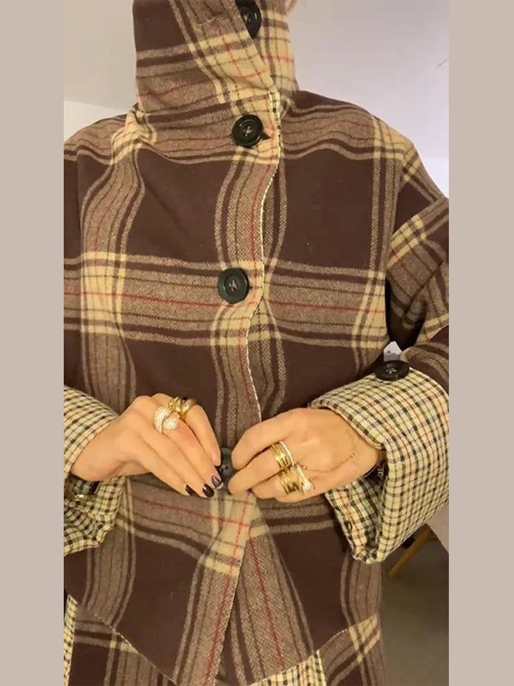 Elegant Chic Loose Fit Grid Coat and Skirt Set for Women