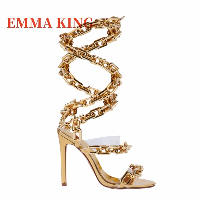 Gold Chain Straps Ankle Wrap Extra High Thin Heel Sandals for Women