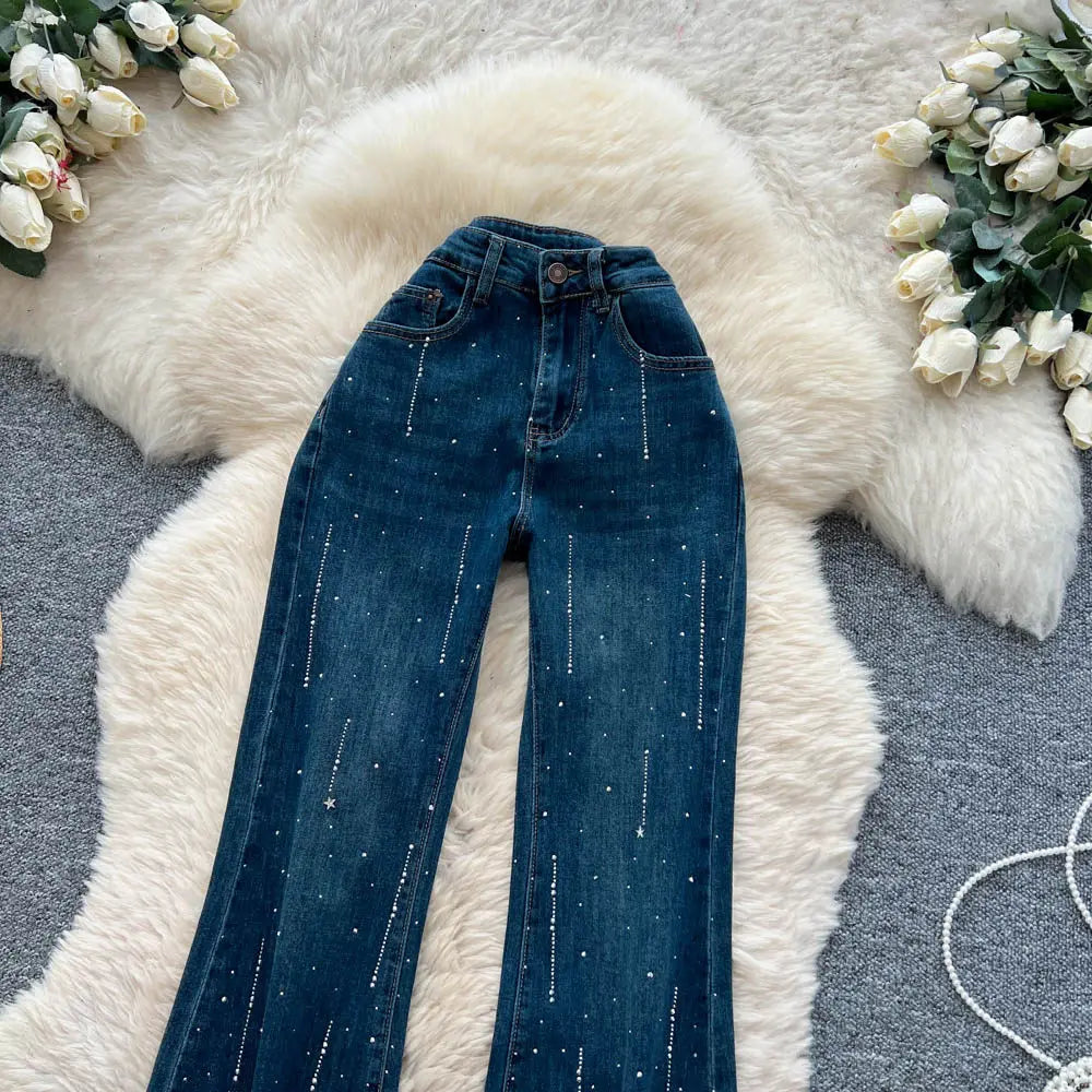 High-Waisted Rhinestone Embellished Flare Jeans for Women