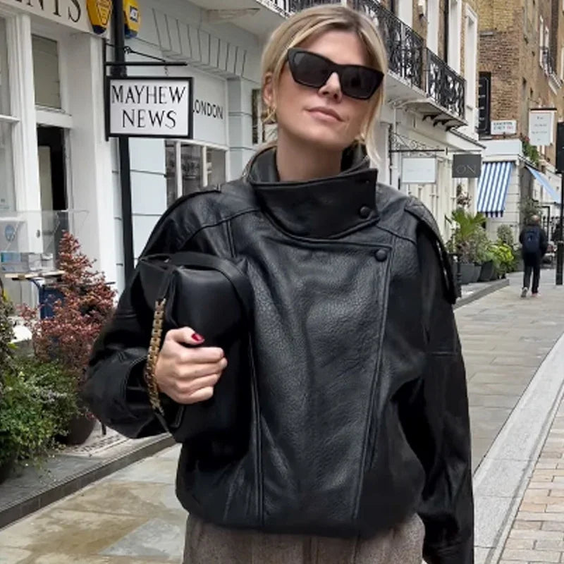 Cropped Oversized Black Leather Bomber Jacket for Women