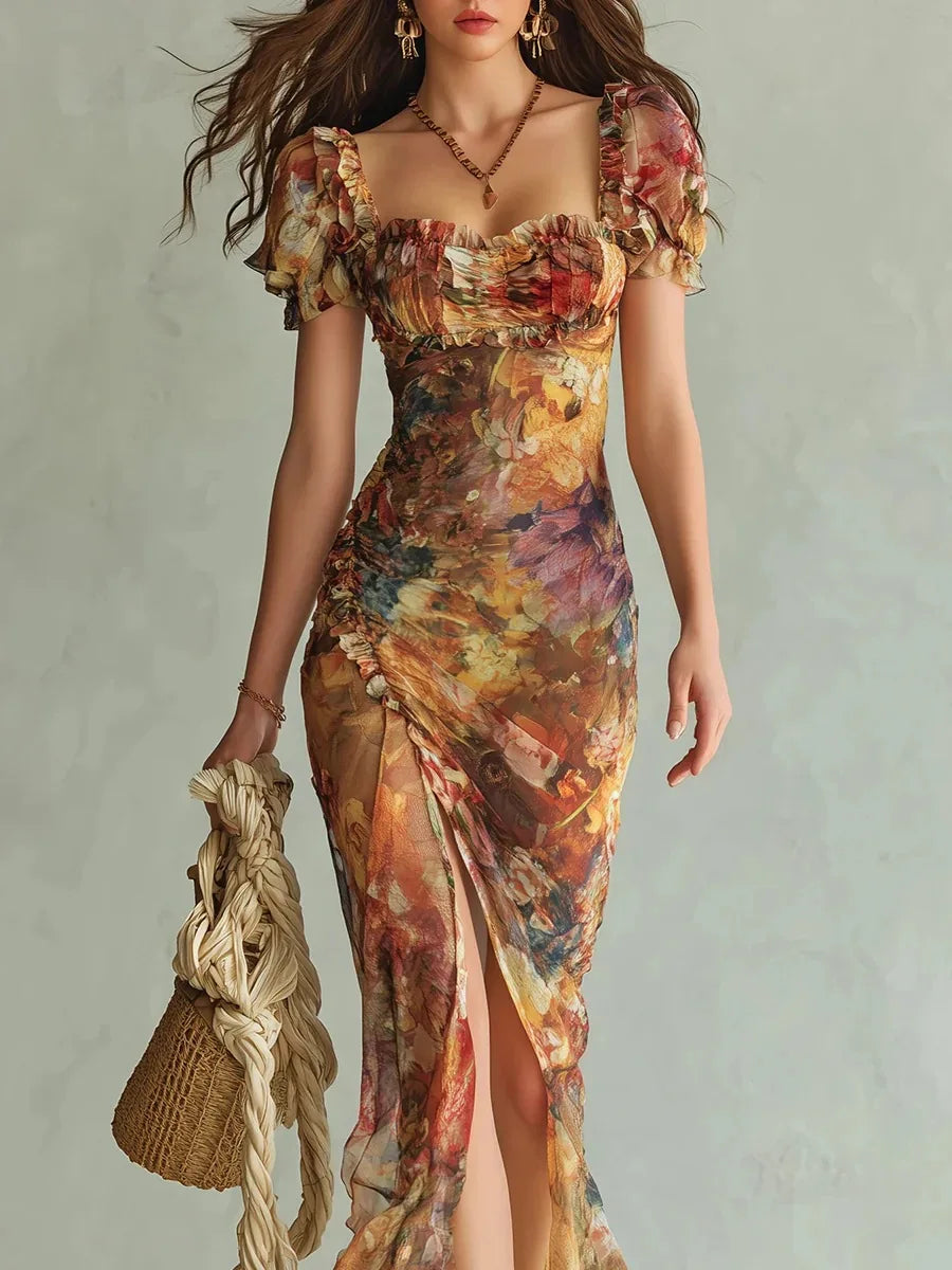 Elegant Lace Print Square Neck Tube Dress for Women