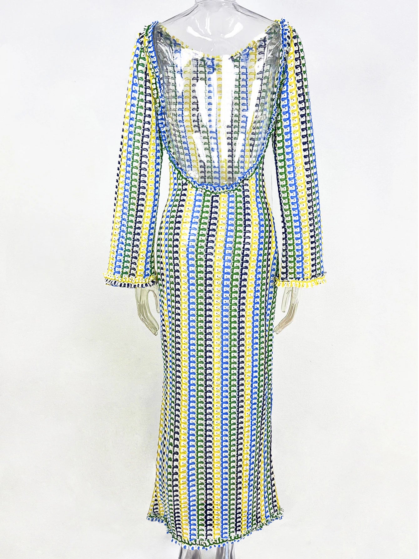 Sexy Backless Flare Sleeve Lace Knit Cut Out Party Beach Maxi Dress 2025 Summer Women Vacation Beachwear Swimsuit Cover Up A2815